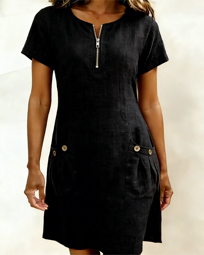 Zara | Cotton Linen A-Line Dress with Zip Pocket
