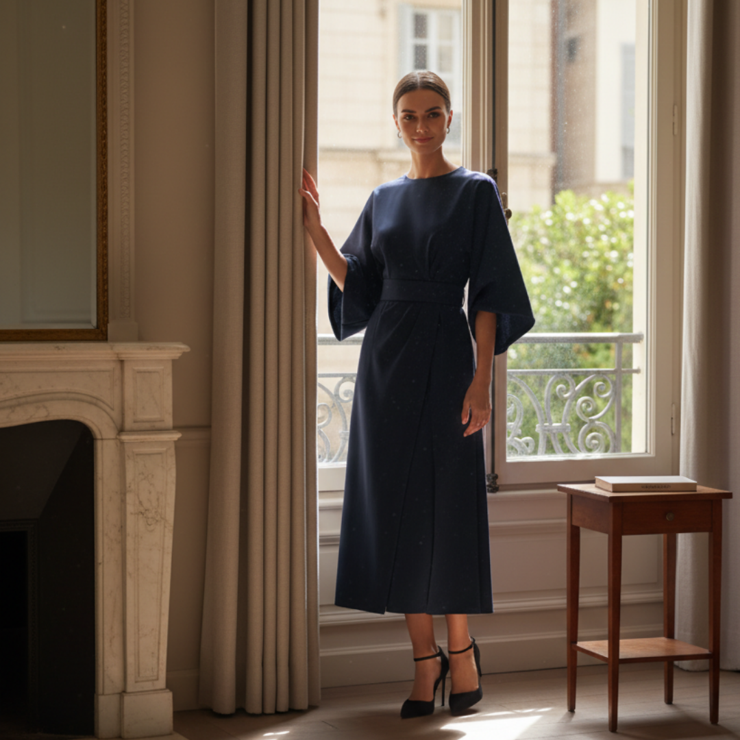 Belted Wide Sleeve Wrap Midi Dress