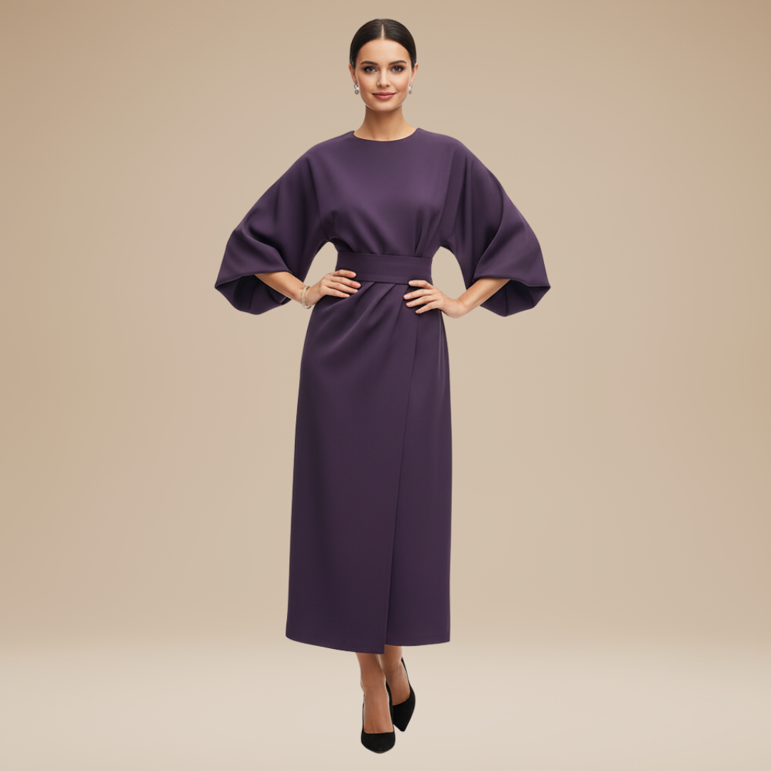 Belted Wide Sleeve Wrap Midi Dress