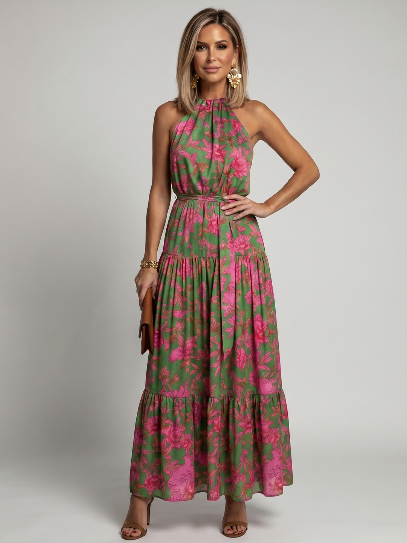 Rowen - Geplooide Halter Midi Jurk