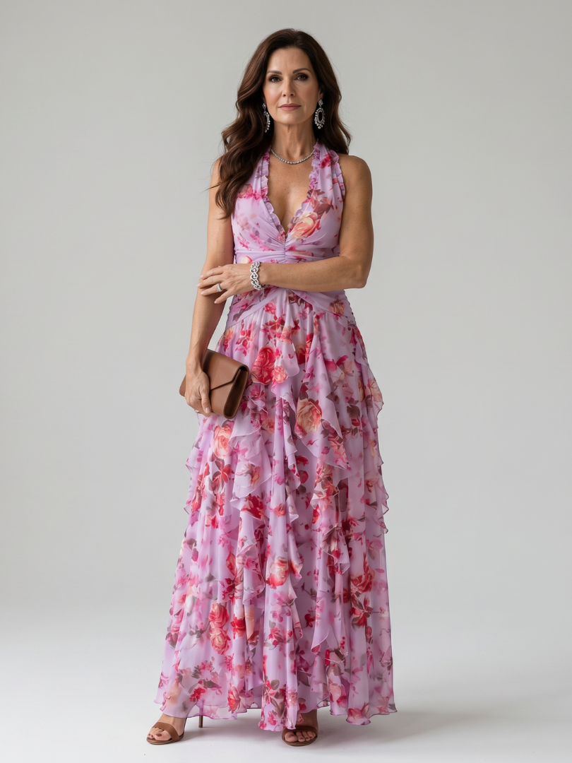 Nori - Halter Neck Rimpel Bodice Bloemen Maxi Jurk