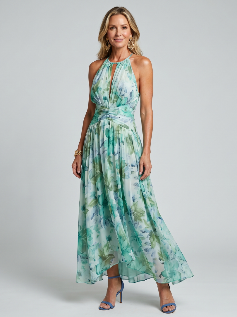 Portia - Plissé Halter Zachte Bloemenpatroon Midi Jurk