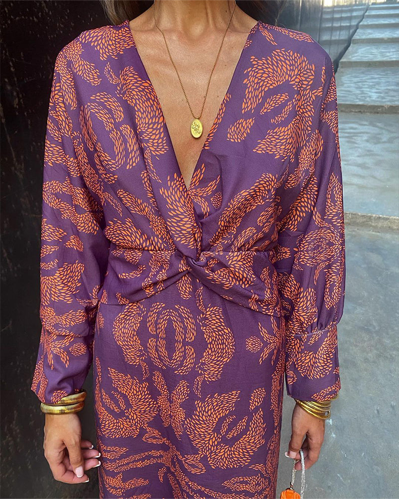 Audrey - Vintage printed V-neck long-sleeve elegant dress