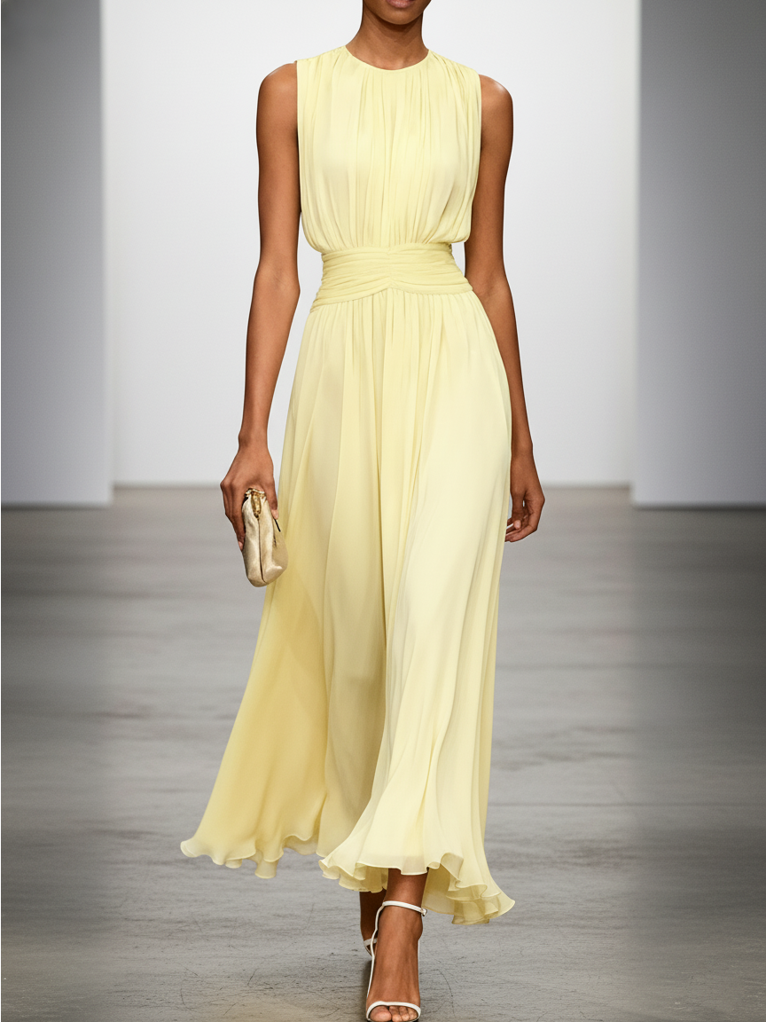 Sleeveless Ruched A-Line Maxi Dress – Wedding Guest Dress