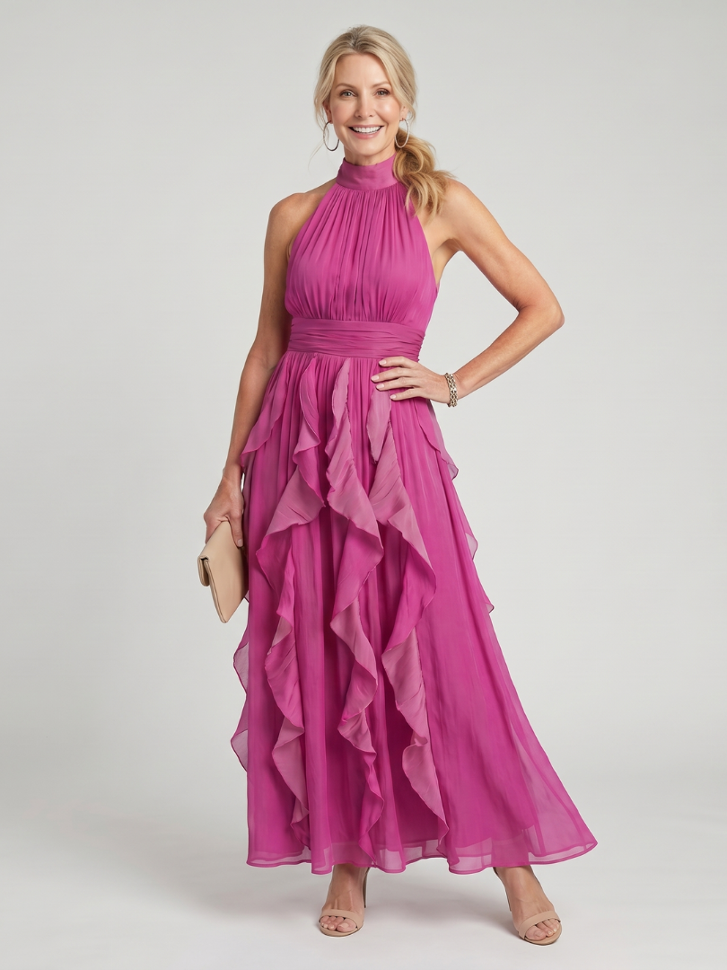 Orea - Maxi-jurk met hoge hals en geplooide ruffle-lagen