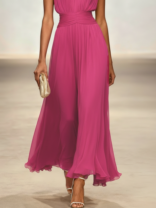 Sleeveless Ruched A-Line Maxi Dress – Wedding Guest Dress
