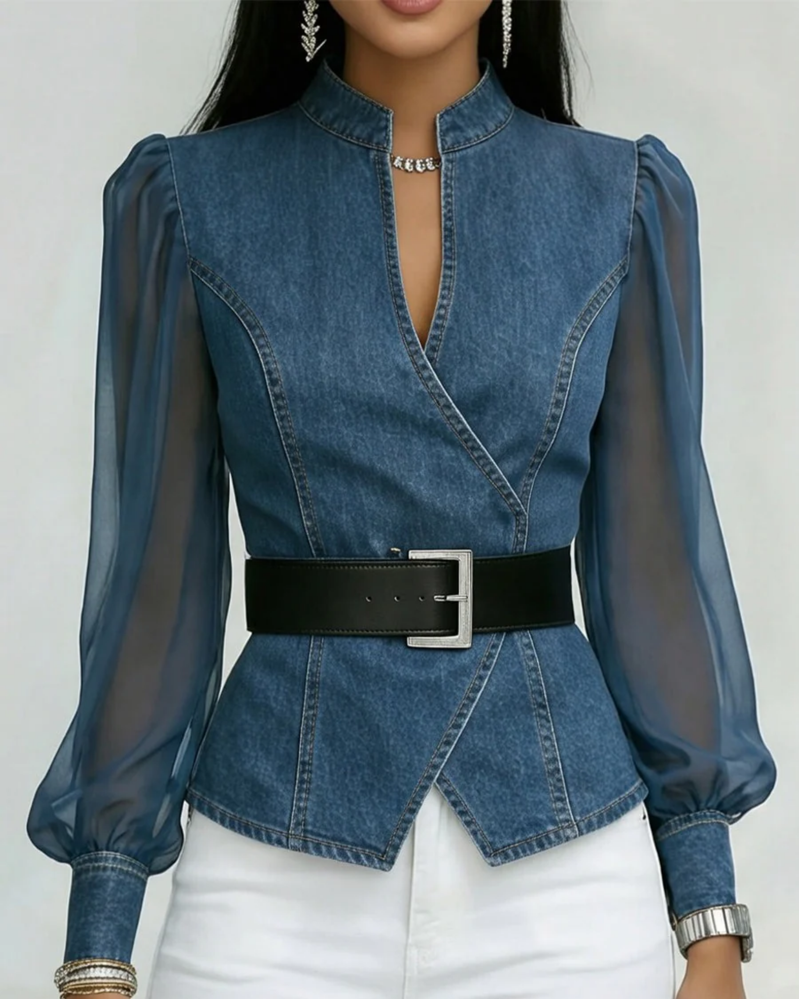Vessa™ | Wrap Denim Top with Chiffon Sleeves