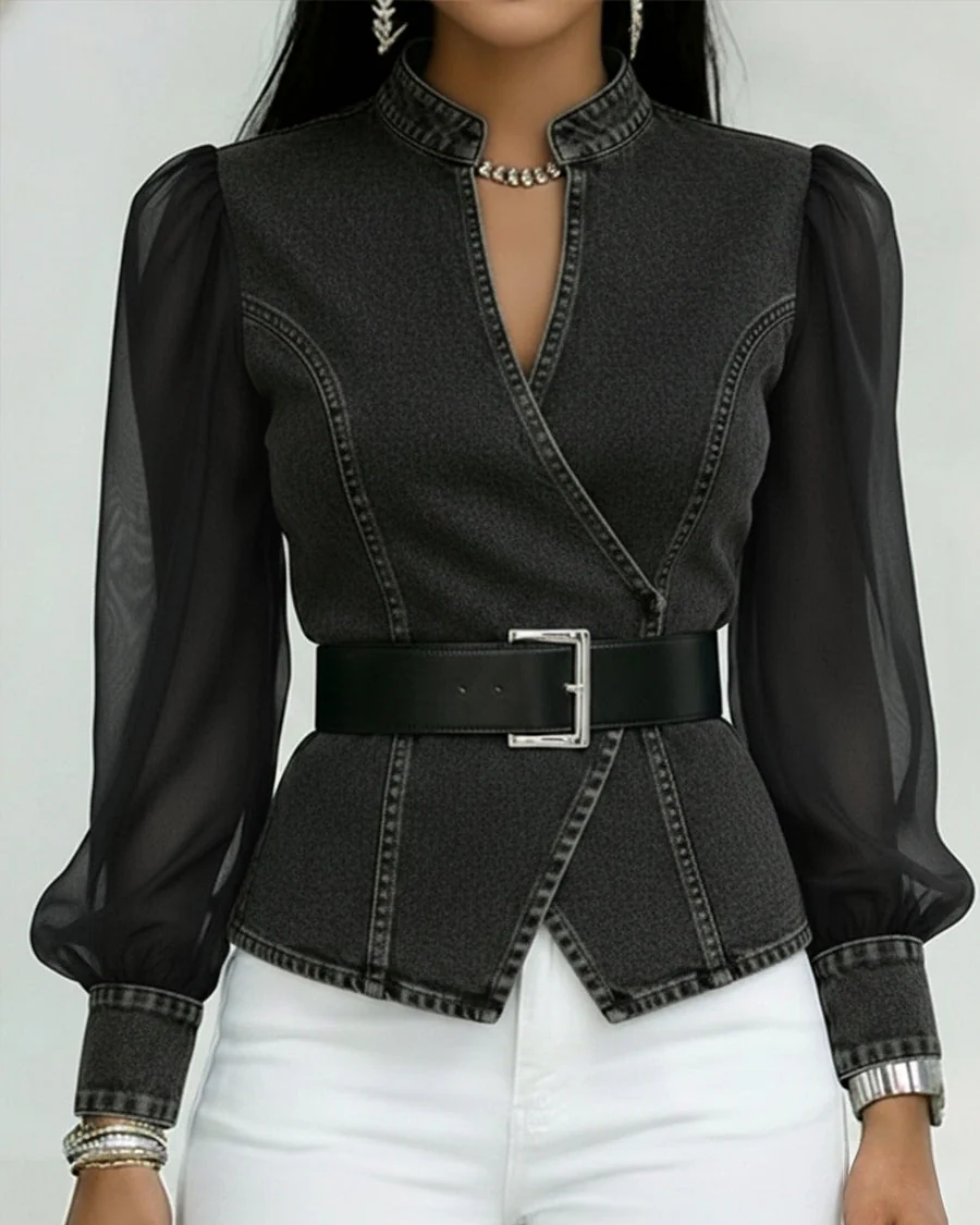 Vessa™ | Wrap Denim Top with Chiffon Sleeves
