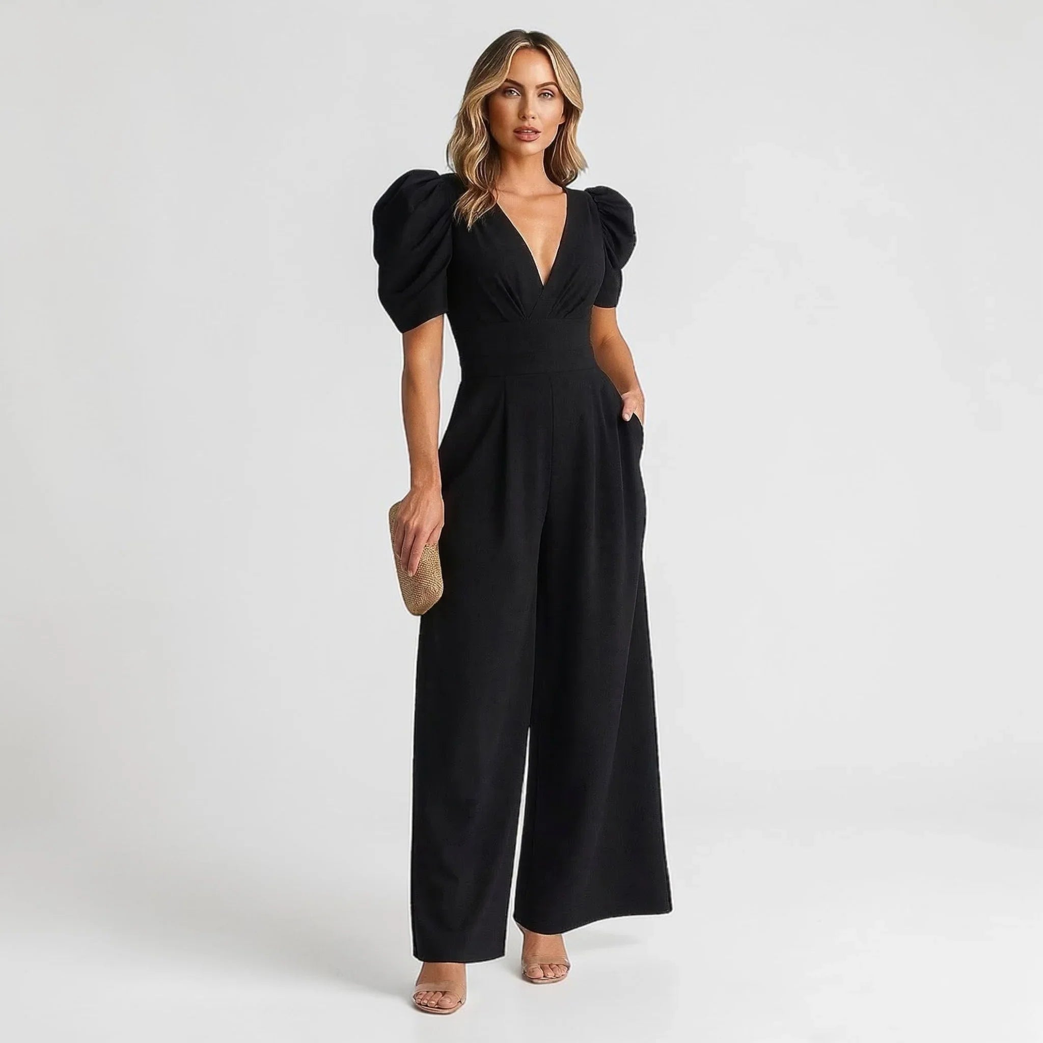 Wide Leg Jumpsuit with Puff Sleeves – Tailored Formal Jumpsuit