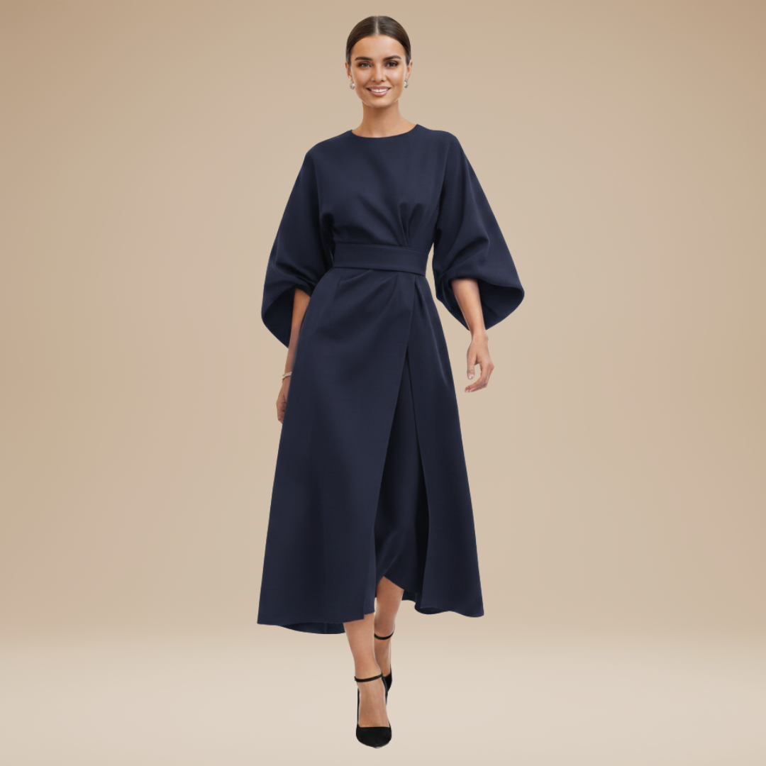 Belted Wide Sleeve Wrap Midi Dress