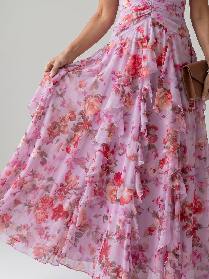 Nori - Halter Neck Rimpel Bodice Bloemen Maxi Jurk