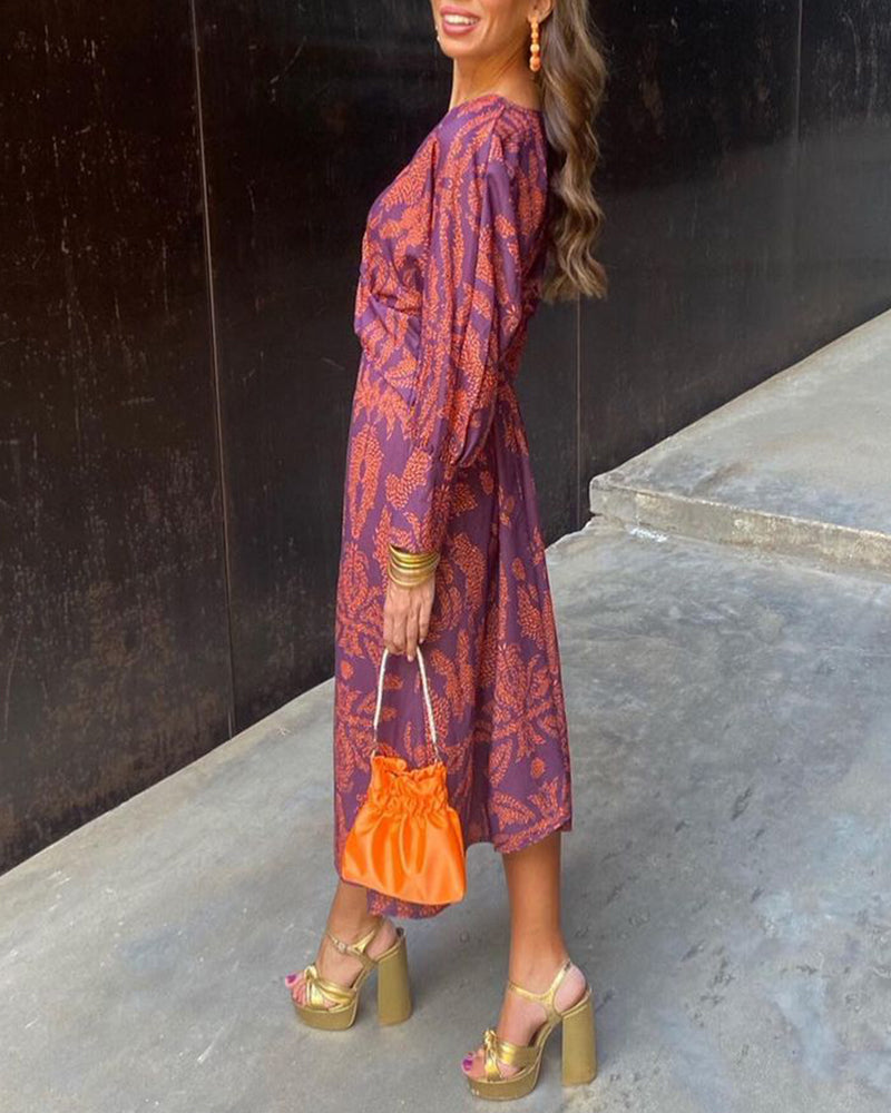 Audrey - Vintage printed V-neck long-sleeve elegant dress