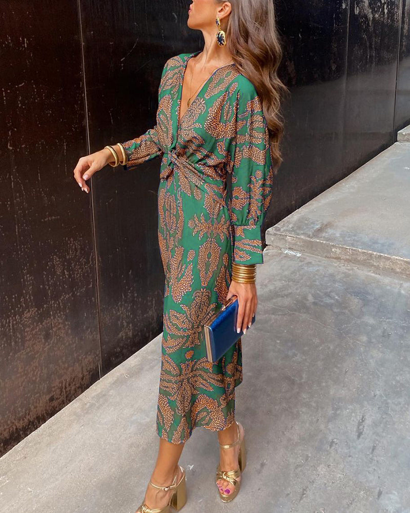 Audrey - Vintage printed V-neck long-sleeve elegant dress