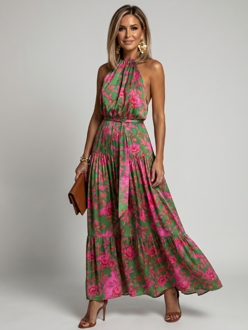 Rowen - Geplooide Halter Midi Jurk