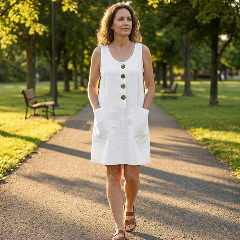 🔥50% KORTING! 🌸Mouwloze zomerjurk met U-hals, ademend katoenlinnen en handige voorzakken