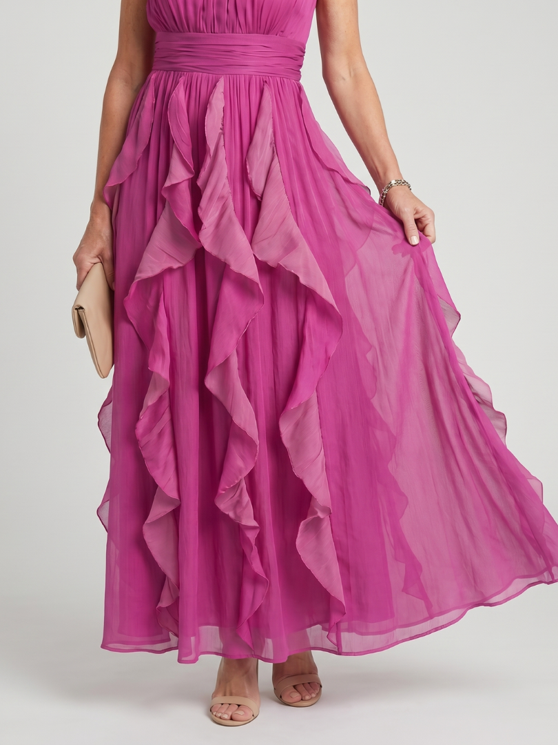 Orea - Maxi-jurk met hoge hals en geplooide ruffle-lagen