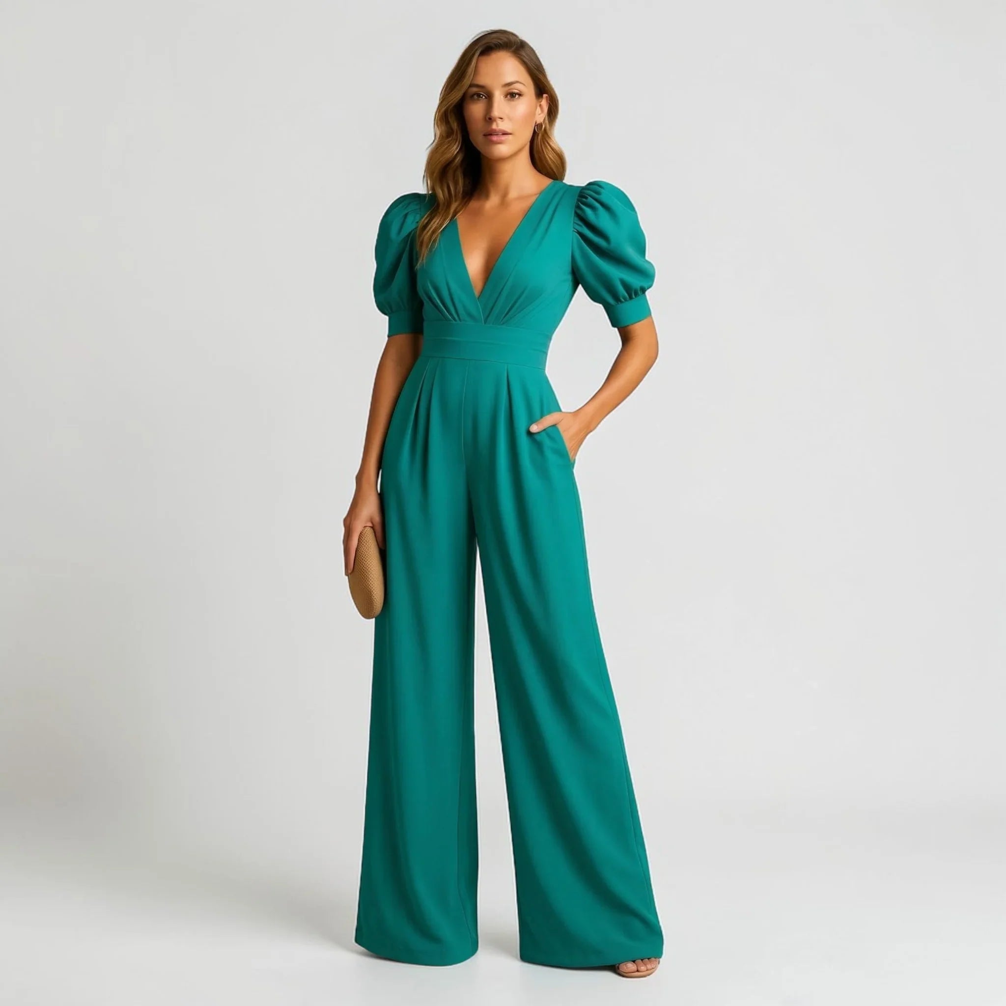 Wide Leg Jumpsuit with Puff Sleeves – Tailored Formal Jumpsuit