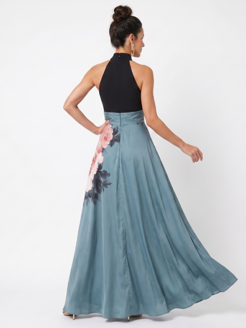Olympas - Halter Lijfje Bloemenrok Maxi Jurk