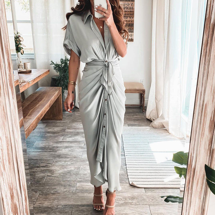 Satin Ruffle Front Wrap Shirt Dress