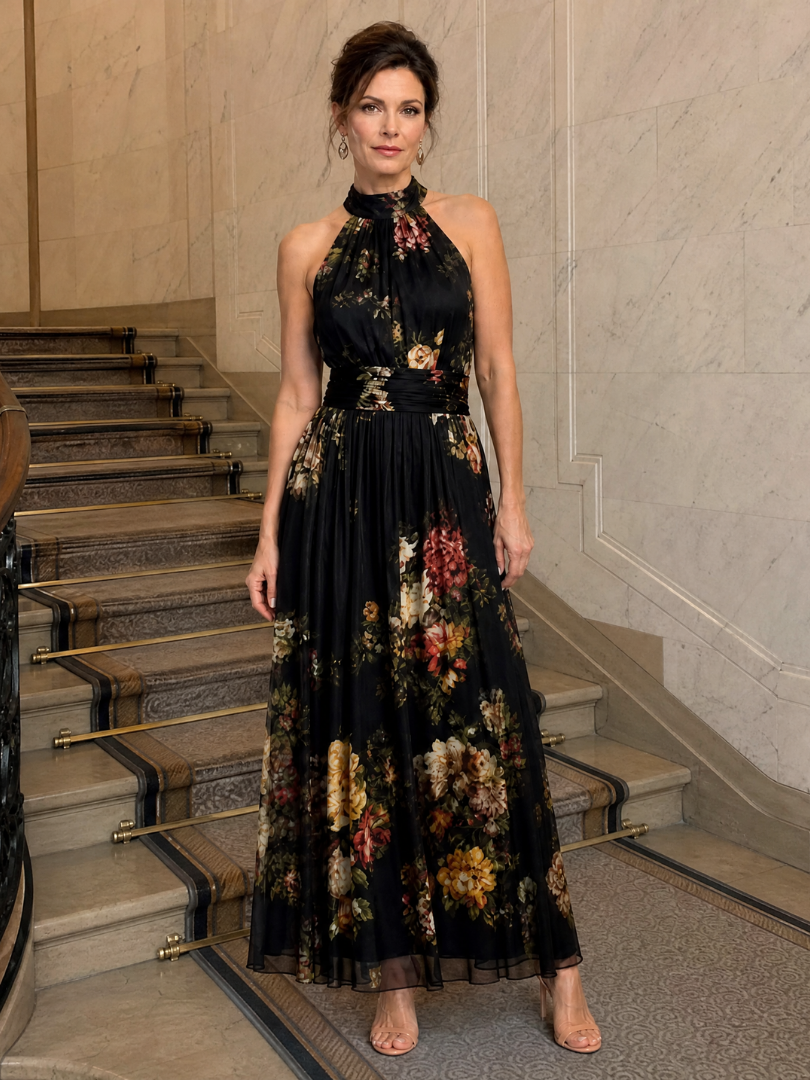 Sior - Bloemen Halter Nek Midi Jurk