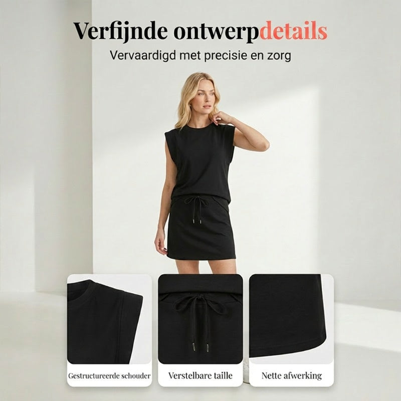 Set bestaande uit een moderne mouwloze top en een rok met trekkoord