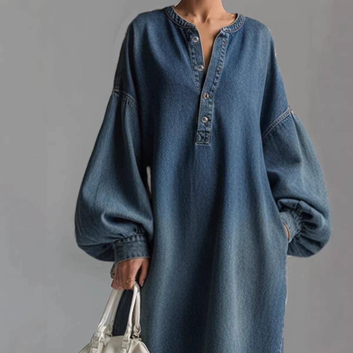 Vivienne™ | Denim Balloon-Sleeve Maxi Dress