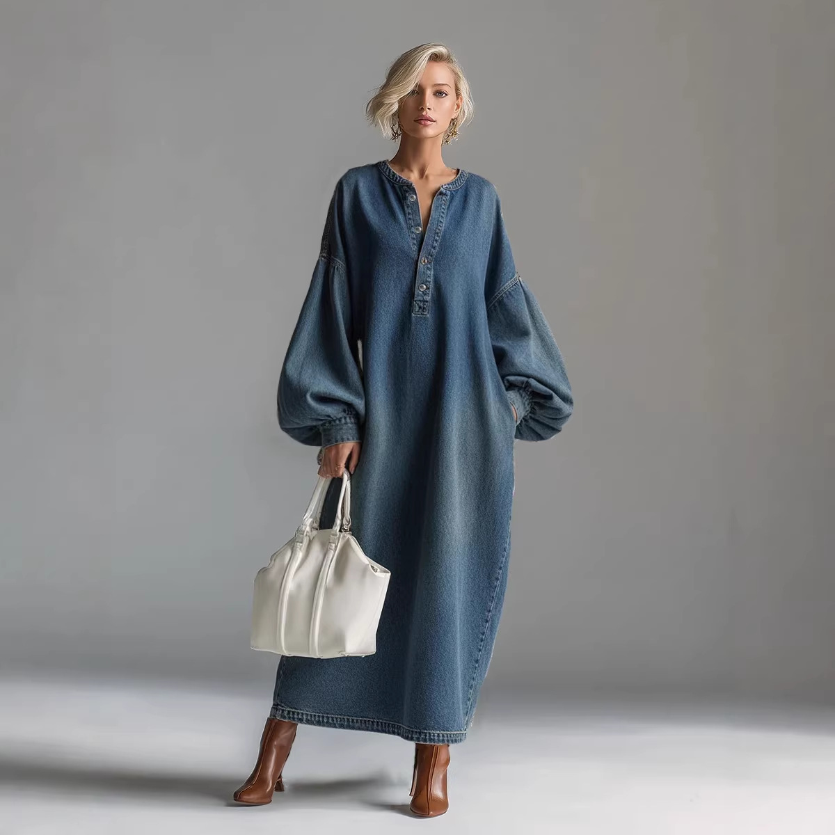 Vivienne™ | Denim Balloon-Sleeve Maxi Dress