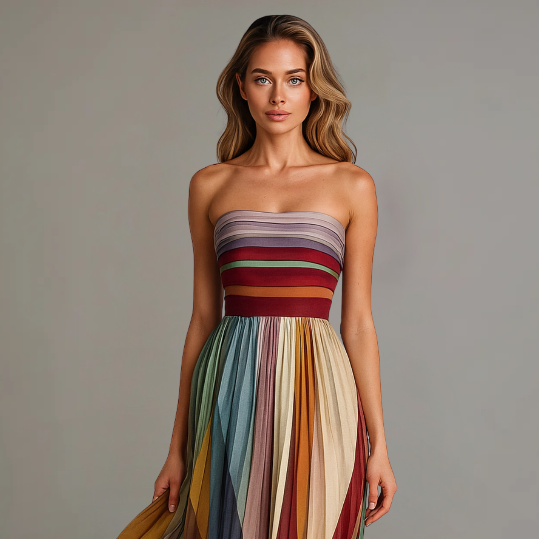 Strapless Pleated Maxi Dress – Striped Summer Dress