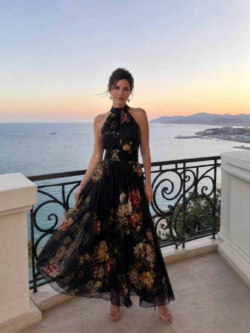 Sior - Bloemen Halter Nek Midi Jurk