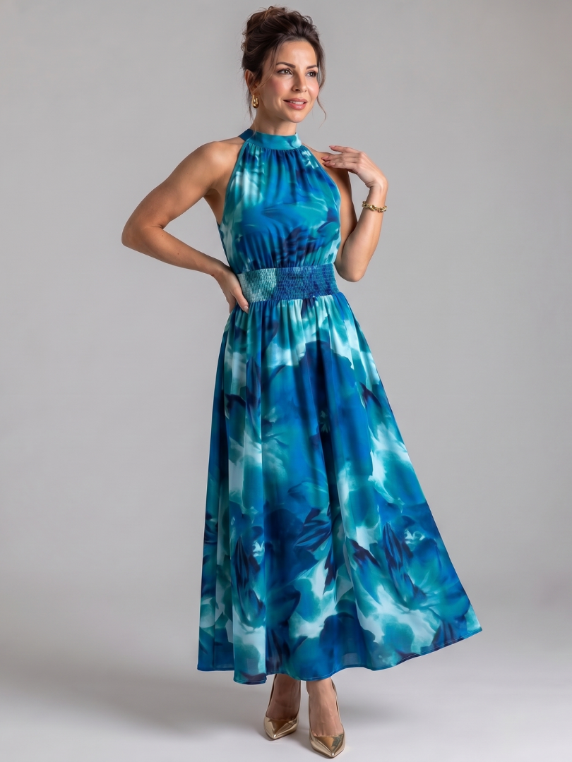 Olivia - Geplooide Taille Abstract Print Midi Jurk