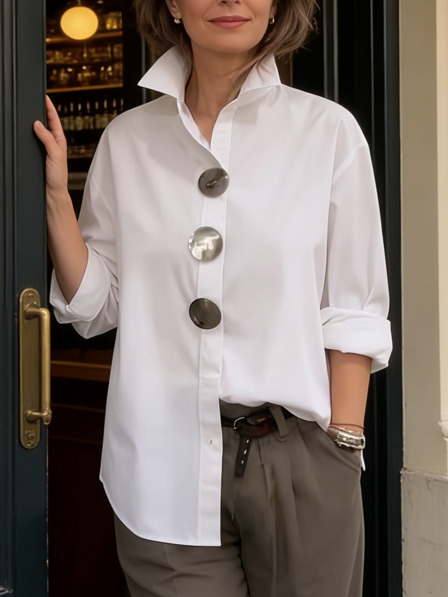Rosaline™ | Silver Button Stand Collar Blouse