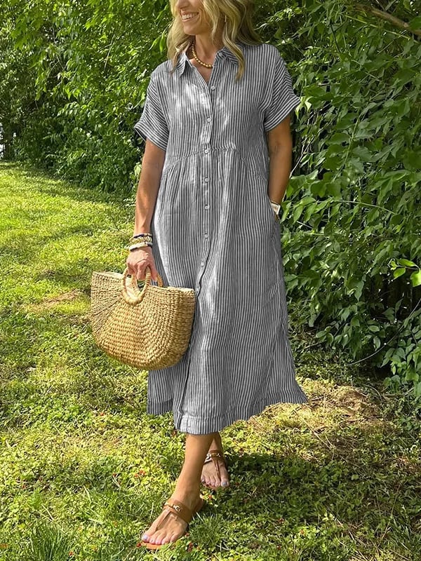 Sandy - Striped Lapel Button Down Shirt Dress