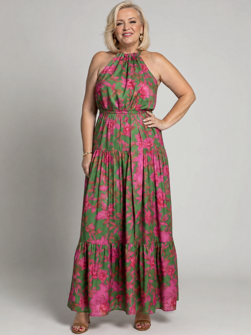 Rowen - Geplooide Halter Midi Jurk