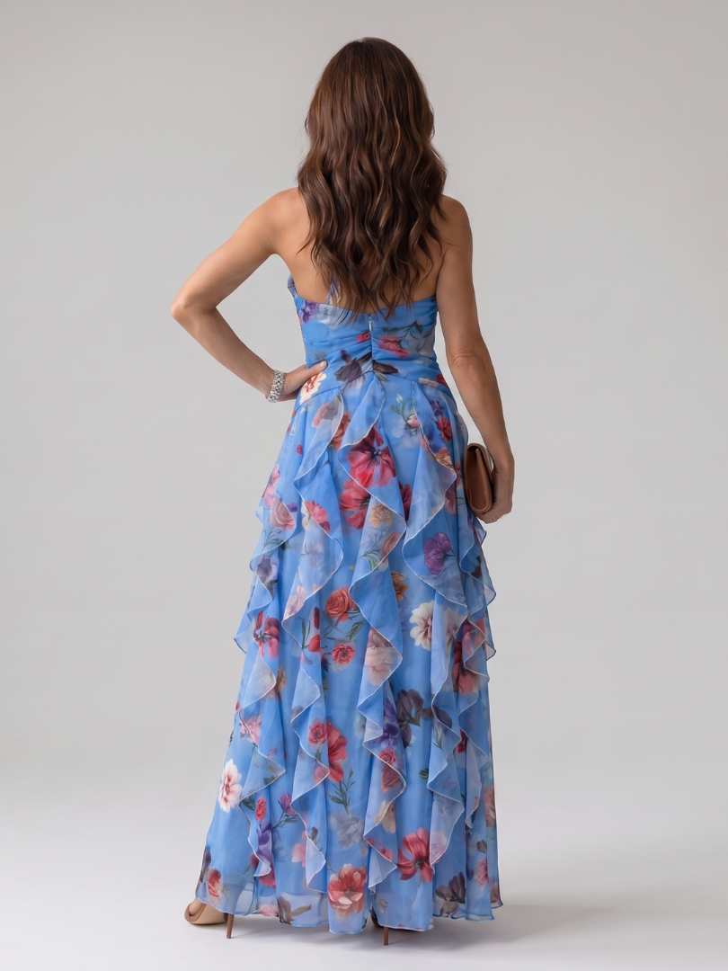 Nori - Halter Neck Rimpel Bodice Bloemen Maxi Jurk