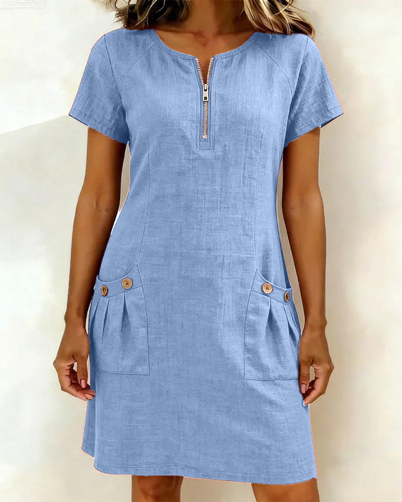 Zara | Cotton Linen A-Line Dress with Zip Pocket