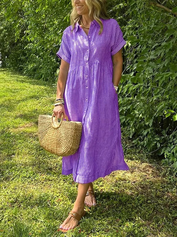Sandy - Striped Lapel Button Down Shirt Dress