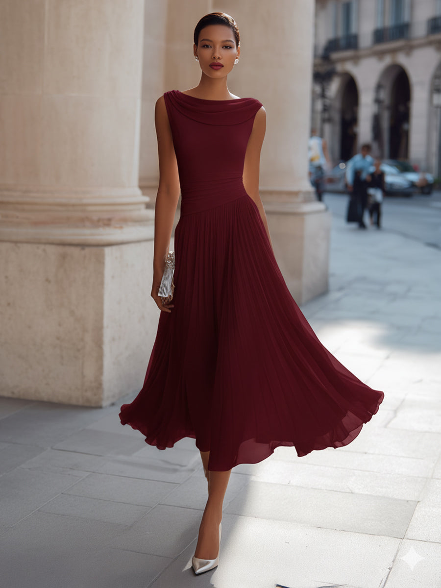 Draped Neck Sleeveless Pleated Midi Dress – Occasion