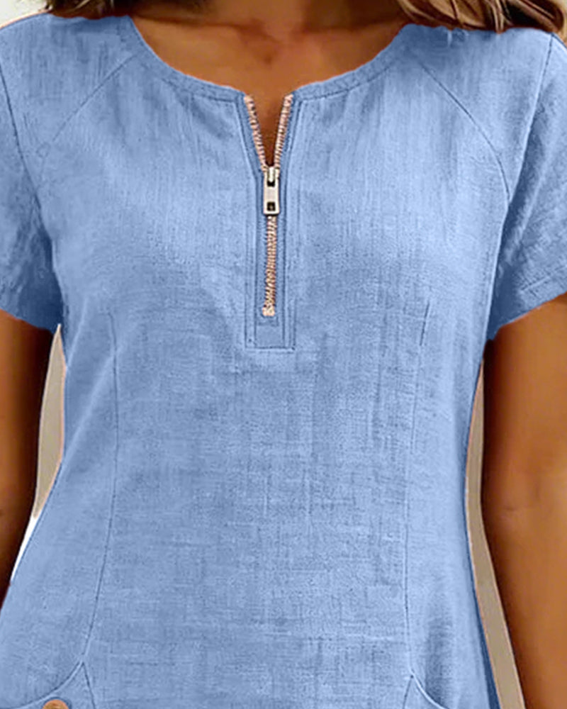 Zara | Cotton Linen A-Line Dress with Zip Pocket