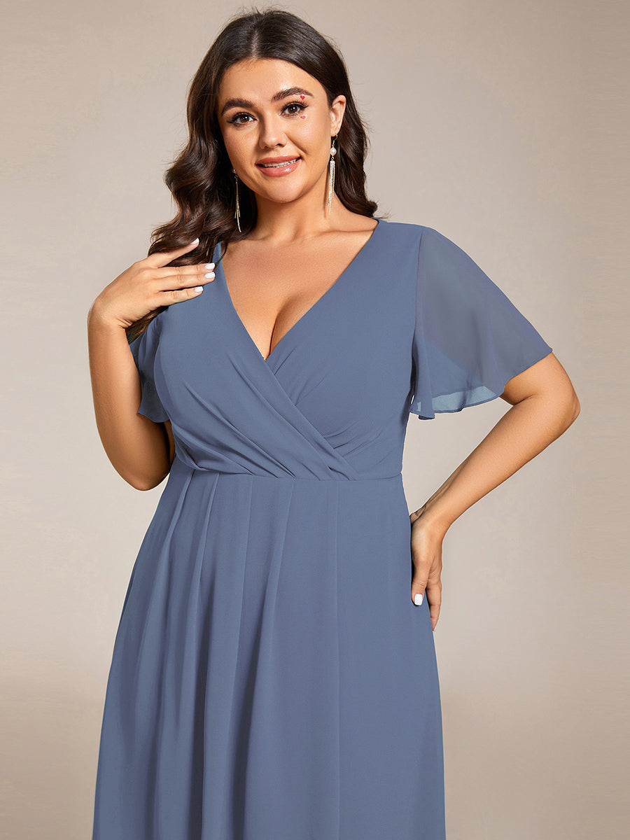 Evelyn - Deep V-Neck Chiffon Ruffle Sleeve Dress