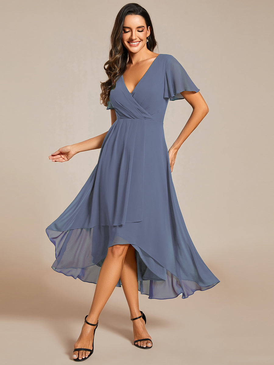 Evelyn - Deep V-Neck Chiffon Ruffle Sleeve Dress