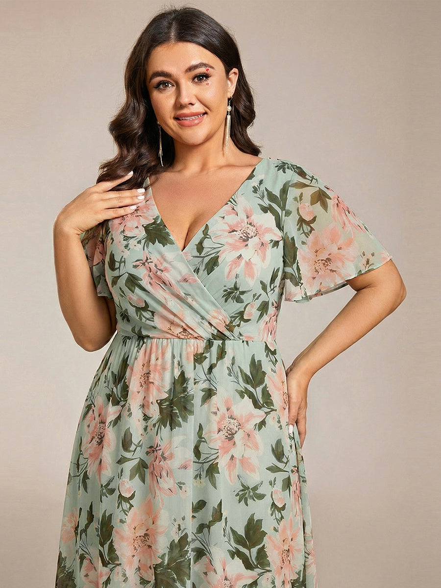 Victoria - Deep V-Neck Chiffon Ruffle Sleeve Dress