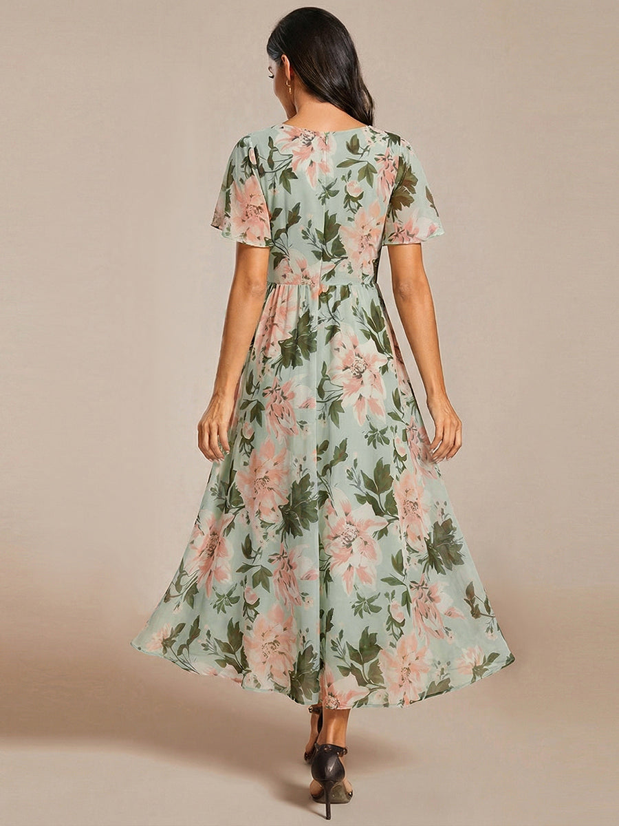 Victoria - Deep V-Neck Chiffon Ruffle Sleeve Dress