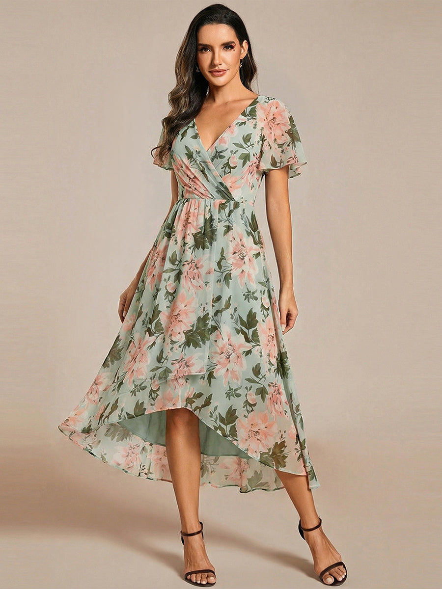 Victoria - Deep V-Neck Chiffon Ruffle Sleeve Dress