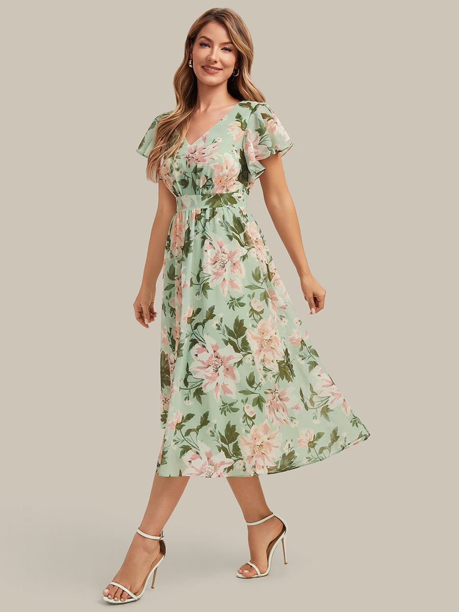 Mary - Chiffon Ruffle Sleeve A-Line Dress