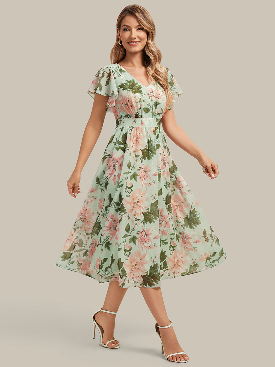 Mary - Chiffon Ruffle Sleeve A-Line Dress