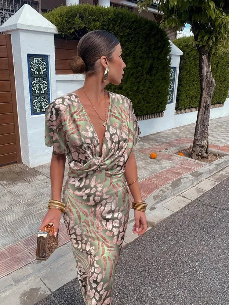 Clarandra™ | Copper Twist-Knot Midi Dress