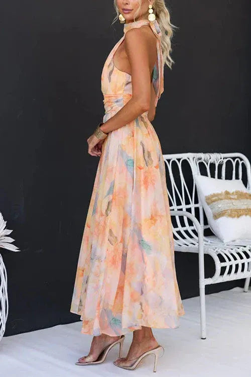 Luna’s Daydream Whirl Halter Pleated Midi Dress