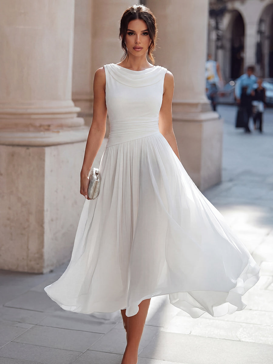 Draped Neck Sleeveless Pleated Midi Dress – Occasion