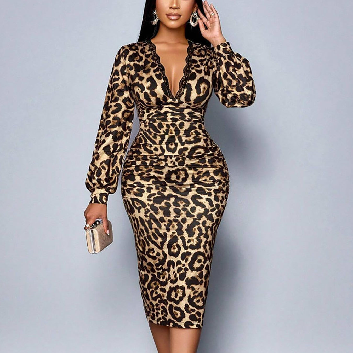 Selena- Leopard print long-sleeved slit V-neck maxi dress