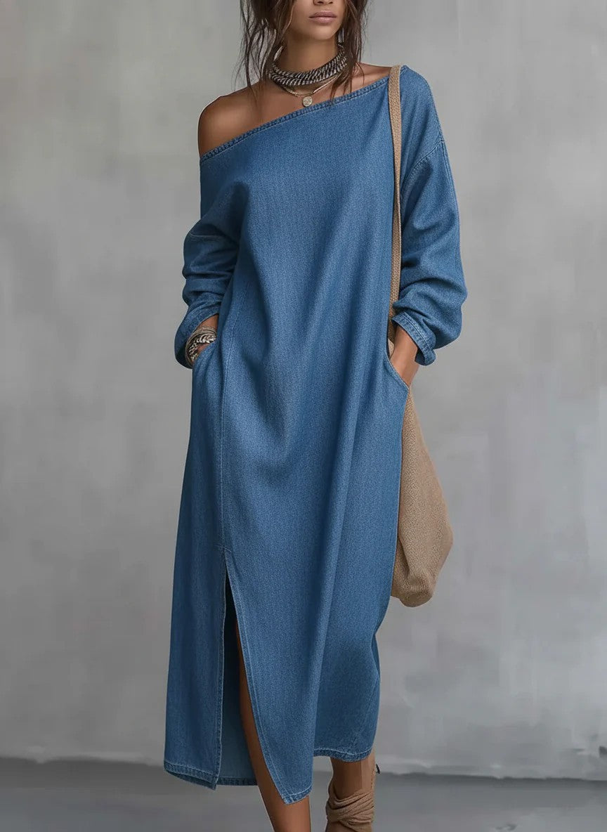 Vivienne™ | Denim Balloon-Sleeve Maxi Dress